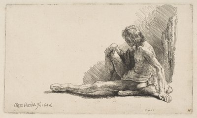 Studium z aktu: Mężczyzna siedzący na ziemi, z jedną nogą wyciągniętą, 1646. autorstwa Rembrandt van Rijn