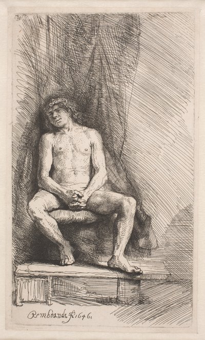 Studium z natury: mężczyzna siedzący przed zasłoną autorstwa Rembrandt van Rijn