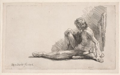 Studium z natury: mężczyzna siedzący na ziemi z jedną wyprostowaną nogą autorstwa Rembrandt van Rijn