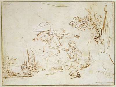 Anioł ukazuje się Hagar i Ismaelowi na pustyni (pióro i brązowy tusz z kolorem ciała na papierze) autorstwa Rembrandt van Rijn