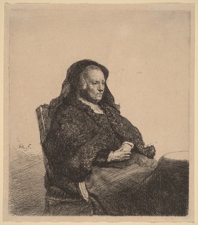 Matka artysty siedząca przy stole, spoglądająca w prawo autorstwa Rembrandt van Rijn