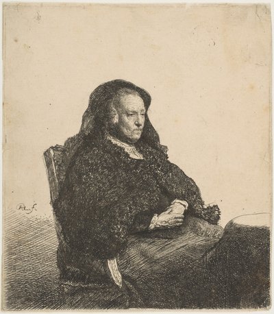 Matka artystów siedząca przy stole patrząc w prawo: długość trzech czwartych, ca. 1631. autorstwa Rembrandt van Rijn