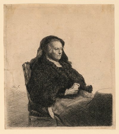 Matka artysty siedząca przy stole, patrząca w prawo: długość trzech czwartych autorstwa Rembrandt van Rijn
