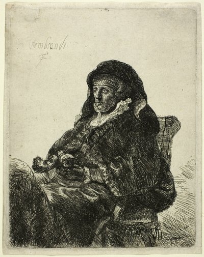 Matka artysty siedząca przy stole i patrząca w prawo: Trzy czwarte długości autorstwa Rembrandt van Rijn