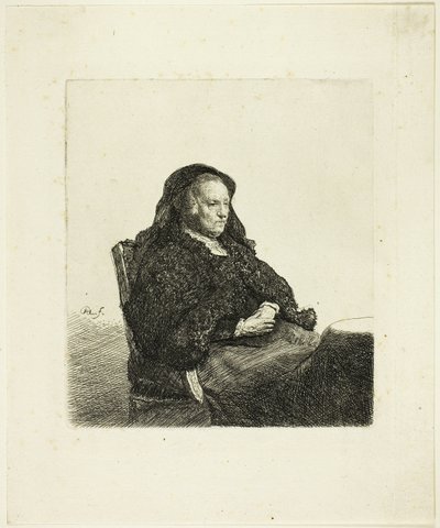 Matka artysty siedząca przy stole i patrząca w prawo: Trzy czwarte długości autorstwa Rembrandt van Rijn