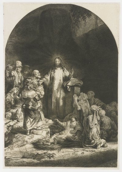 Nadruk stu guldenów: centralny element z głoszeniem Chrystusa, talerz wygięty w łuk autorstwa Rembrandt van Rijn