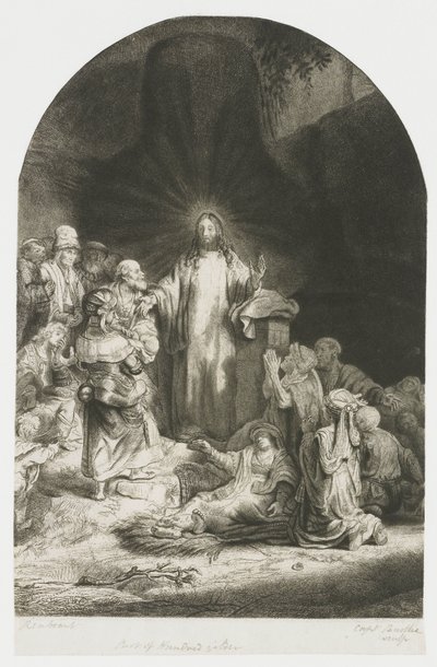 Grafika „Sto guldenów”: centralny fragment przedstawiający Chrystusa głoszącego kazanie, płyta ma kształt łuku autorstwa Rembrandt van Rijn