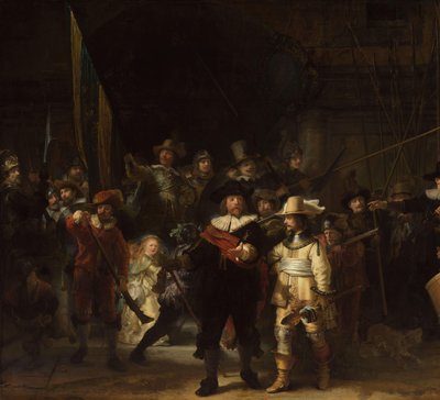 Nocna straż Oficerowie i inni gwardziści obywatelscy Dystryktu II w Amsterdamie, pod dowództwem kapitana Fransa Bannincka Cocqa i porucznika Willema van Ruytenburcha, znani jako „Straż nocna” autorstwa Rembrandt van Rijn