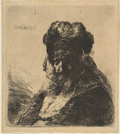 Stary brodaty mężczyzna w wysokiej futrzanej czapce, z zamkniętymi oczami, ca. 1635. autorstwa Rembrandt van Rijn