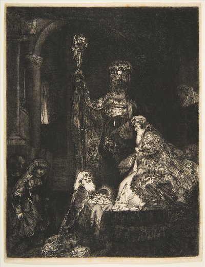 Ofiarowanie w mrocznej świątyni w mrocznej manierze, ca. 1654. autorstwa Rembrandt van Rijn