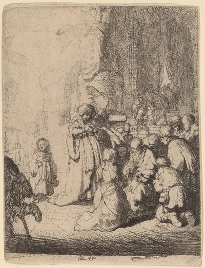 Ofiarowanie w świątyni z aniołem: mały talerz autorstwa Rembrandt van Rijn