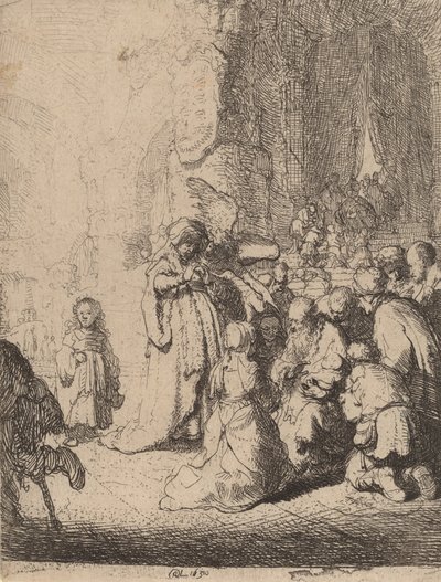 Ofiarowanie w świątyni z aniołem: mały talerz, 1630. autorstwa Rembrandt van Rijn