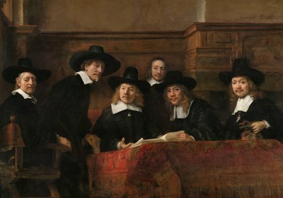 Urzędnicy pobierający próbki z gildii sukienników w Amsterdamie, znanej jako „syndycy” Urzędnicy pobierający próbki z Amsterdamskiej Gildii Draperów, znanej jako „Syndics” autorstwa Rembrandt van Rijn