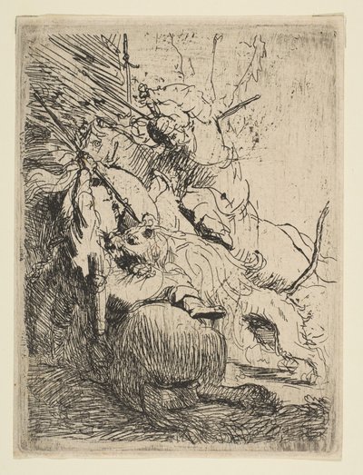Polowanie na małego lwa z jednym lwem, ca. 1629. autorstwa Rembrandt van Rijn