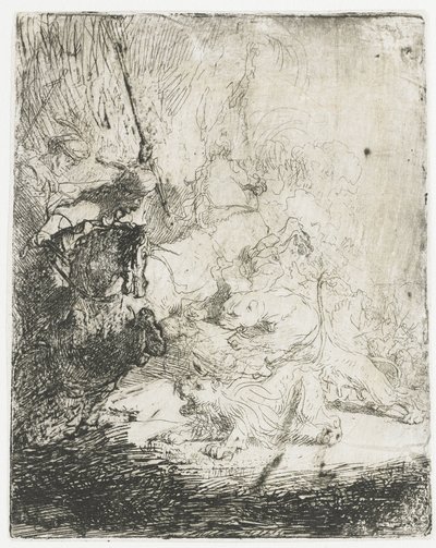 Polowanie małego lwa z udziałem dwóch lwów autorstwa Rembrandt van Rijn