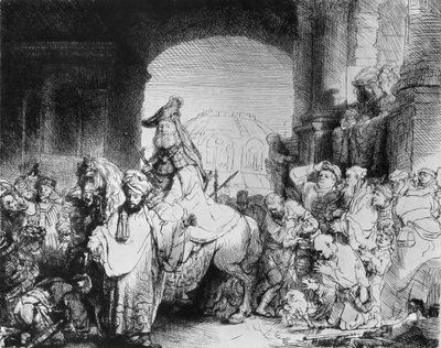 Mordechajaus triumfas, apie 1640 m. poli autorstwa Rembrandt van Rijn