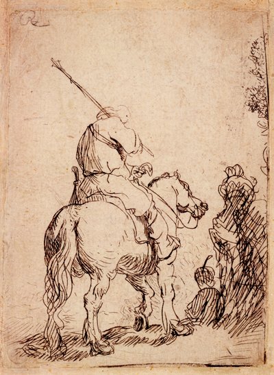 Żołnierz w turbanie na koniu, 1632 autorstwa Rembrandt van Rijn