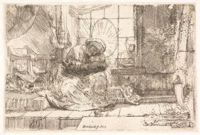 Matka Boska z Dzieciątkiem i kotem: oraz Józef przy oknie autorstwa Rembrandt van Rijn