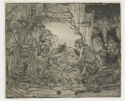 Adoracja pasterzy: przy lampie autorstwa Rembrandt van Rijn