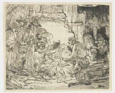 Adoracja pasterzy: przy lampie autorstwa Rembrandt van Rijn