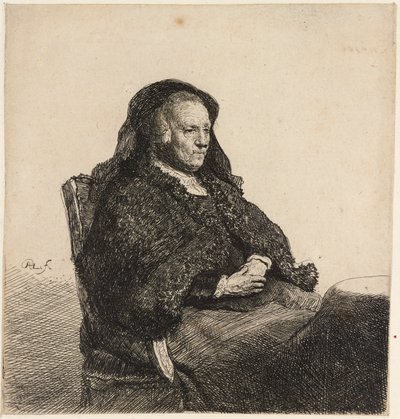 Matka artysty siedząca przy stole, ok. 1631. autorstwa Rembrandt van Rijn