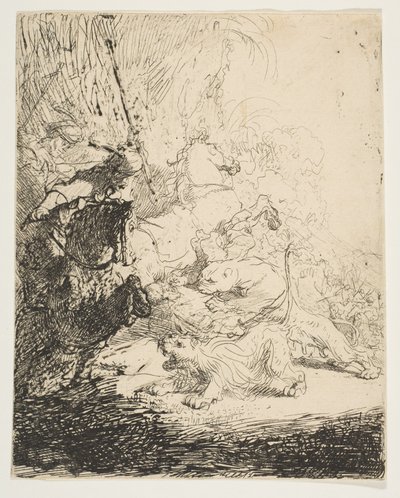 Polowanie na małego lwa, z dwoma lwami, ca. 1632. autorstwa Rembrandt van Rijn