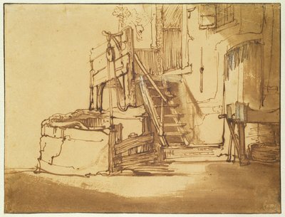 Studnia przed domem (pióro i brązowy tusz oraz brązowa plama na papierze) autorstwa Rembrandt van Rijn