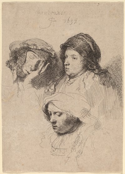 Trzy głowy kobiet, jedna śpiąca autorstwa Rembrandt van Rijn