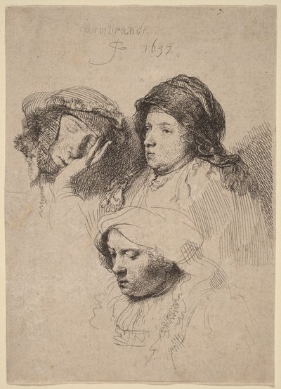 Trzy głowy kobiet, z których jedna śpi autorstwa Rembrandt van Rijn