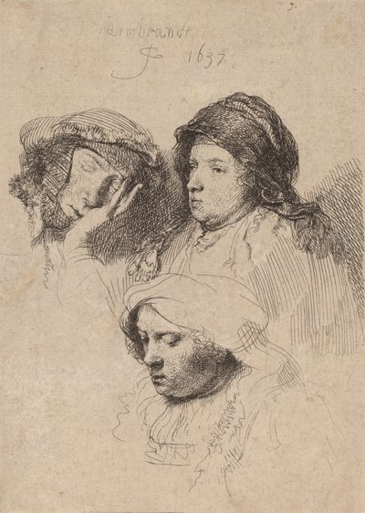 Trzy głowy kobiet, jedna śpi, 1637. autorstwa Rembrandt van Rijn