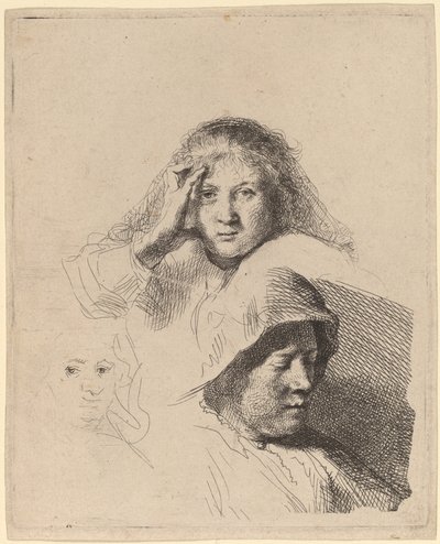 Trzy głowy kobiet, jedna lekko wyryta autorstwa Rembrandt van Rijn