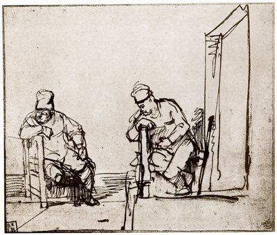 Dwóch mężczyzn siedzących przy drzwiach, 1913. autorstwa Rembrandt van Rijn