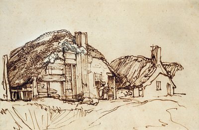 Dwie chaty kryte strzechą z postaciami przy oknie autorstwa Rembrandt van Rijn