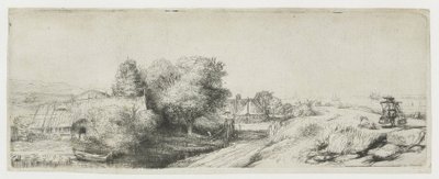 Widok na Diemerdijk z mleczarzem i chatami autorstwa Rembrandt van Rijn
