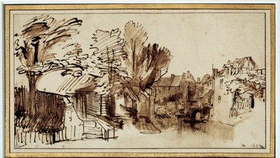 Widok na kanał Singel w Amersfoort. Rysunek Harmensza Rembrandta (1606-1669) autorstwa Rembrandt van Rijn