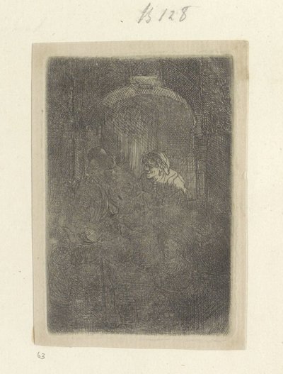 Kobieta w drzwiach rozmawia z mężczyzną z dziećmi Recueil de quatre-vingt-cinq estampes originales (tytuł serii) autorstwa Rembrandt van Rijn