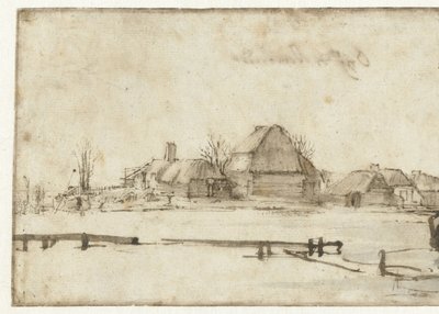 Zimowy widok z drogą wodną, domkami i dwiema łodziami autorstwa Rembrandt van Rijn
