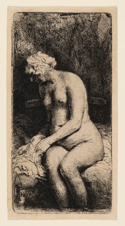 Kobieta kąpiąca stopy w potoku autorstwa Rembrandt van Rijn