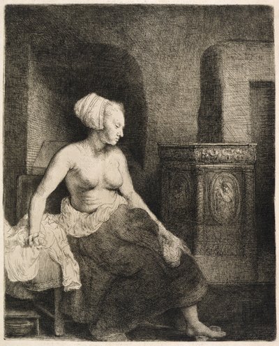 Зуухны дэргэд хагас хувцастай сууж буй эмэгтэй, 1658 поли autorstwa Rembrandt van Rijn