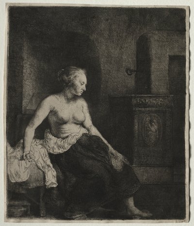 Kobieta siedząca do połowy ubrana przy piecu autorstwa Rembrandt van Rijn