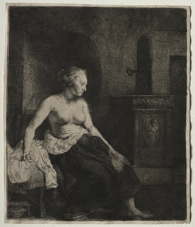 Kobieta siedząca do połowy ubrana przy piecu, 1658. autorstwa Rembrandt van Rijn