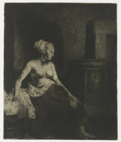 Kobieta siedząca na wpół ubrana obok pieca Kobieta siedzi na wpół ubrana obok pieca autorstwa Rembrandt van Rijn