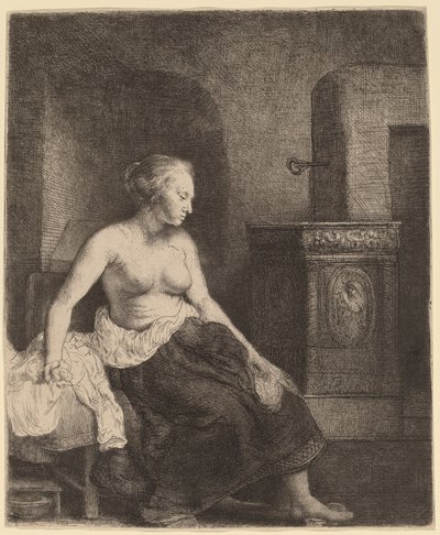 Kobieta siedząca na wpół ubrana obok pieca autorstwa Rembrandt van Rijn