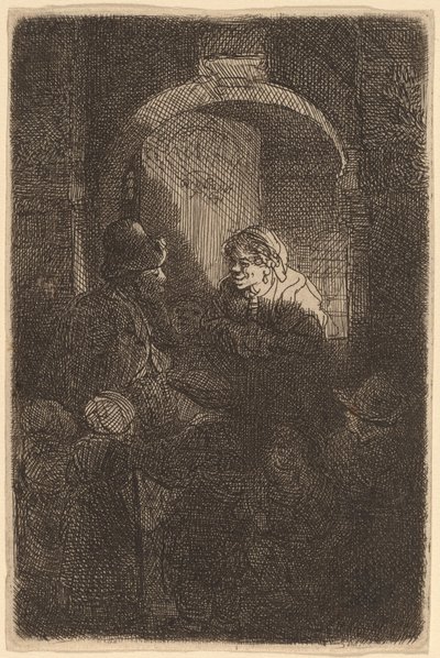 Kobieta przy włazie do drzwi rozmawia z mężczyzną i dziećmi (Nauczyciel) autorstwa Rembrandt van Rijn