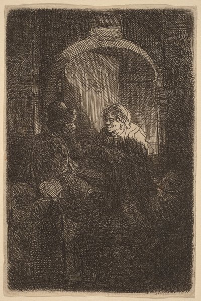 Kobieta przy drzwiczkach, rozmawiająca z mężczyzną i dziećmi („Nauczyciel”) autorstwa Rembrandt van Rijn