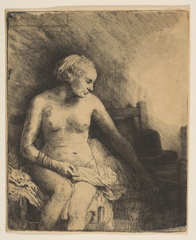 Kobieta w wannie z kapeluszem obok niej, 1658. autorstwa Rembrandt van Rijn