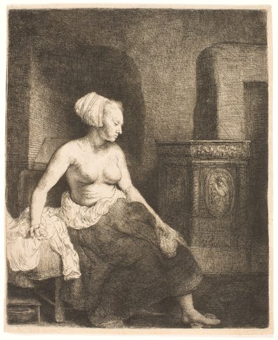 Kobieta siedzi na wpół ubrana obok pieca autorstwa Rembrandt van Rijn