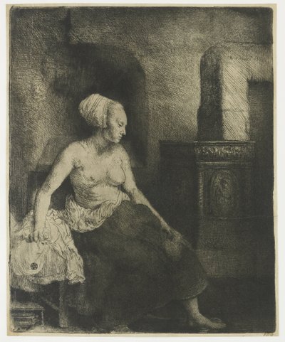 Kobieta siedzi na wpół ubrana obok pieca autorstwa Rembrandt van Rijn
