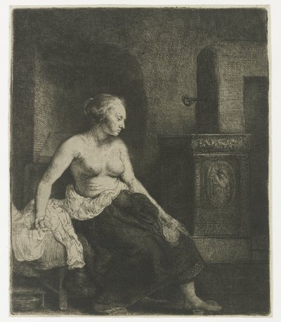 Kobieta siedzi na wpół ubrana obok pieca autorstwa Rembrandt van Rijn