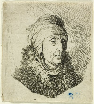 Kobieta z wysokim nakryciem głowy owiniętym wokół podbródka: biust autorstwa Rembrandt van Rijn